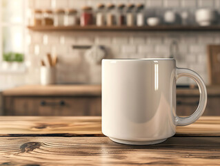 Obraz premium White Coffee Mug sitting on a wooden table in a Kitchen - Mug Mockup - Generative AI