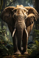 Selective focus shot of a magnificent elephant captured on a sunny day with a bl, generative IA