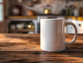 White Mug sitting on a table in a Kitchen - Mug Mockup - Generative AI