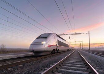 Naklejka premium Modern High-Speed Train on Tracks During Sunrise in a Rural Area