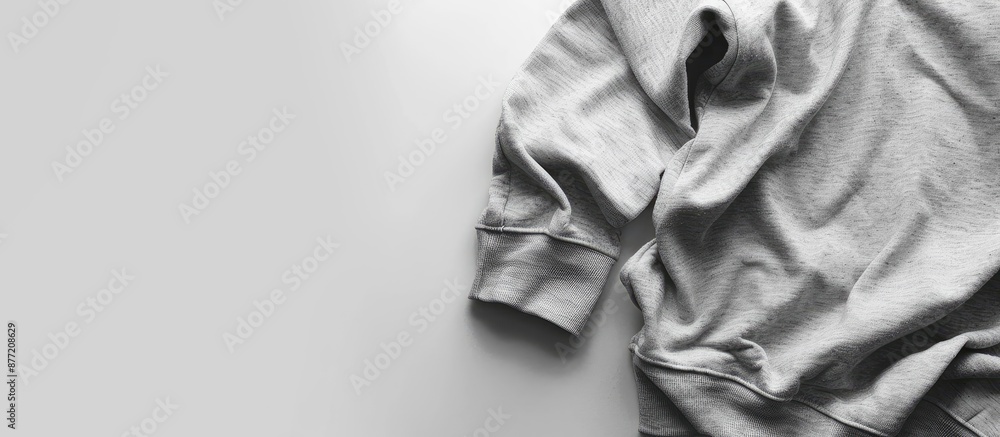Poster Gray sweatshirt isolated on a white background with copy space image for logos and designs shown in a flat lay style capturing a close up of the long sleeve