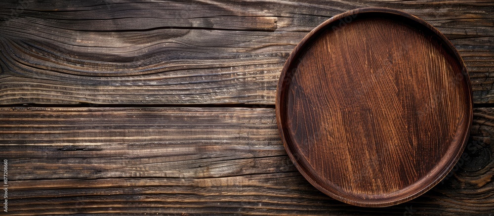Poster top view of a round wooden plate or tray set against a rustic wooden backdrop with sufficient vacant