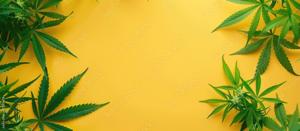 Poster yellow backdrop with green hemp copy space image