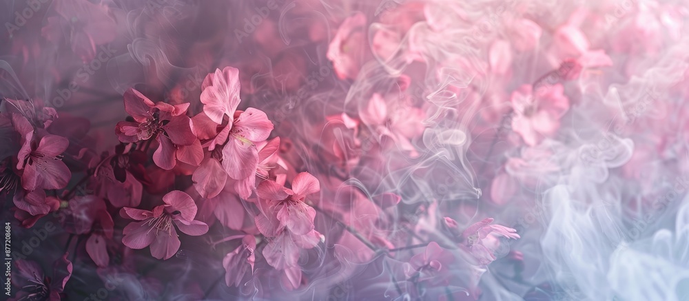 Poster pink flower petals in soft focus blending with foggy smoke in a horizontal natural background with c