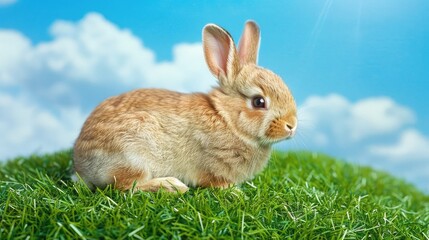 Adorable baby bunny on grass with blue sky background
