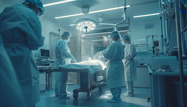 Chirurgien,  m&eacute;decin, docteur et &eacute;quipe m&eacute;dicale en train d'op&eacute;rer un patient malade dans la salle d'op&eacute;ration d'un h&ocirc;pital en soin intensif