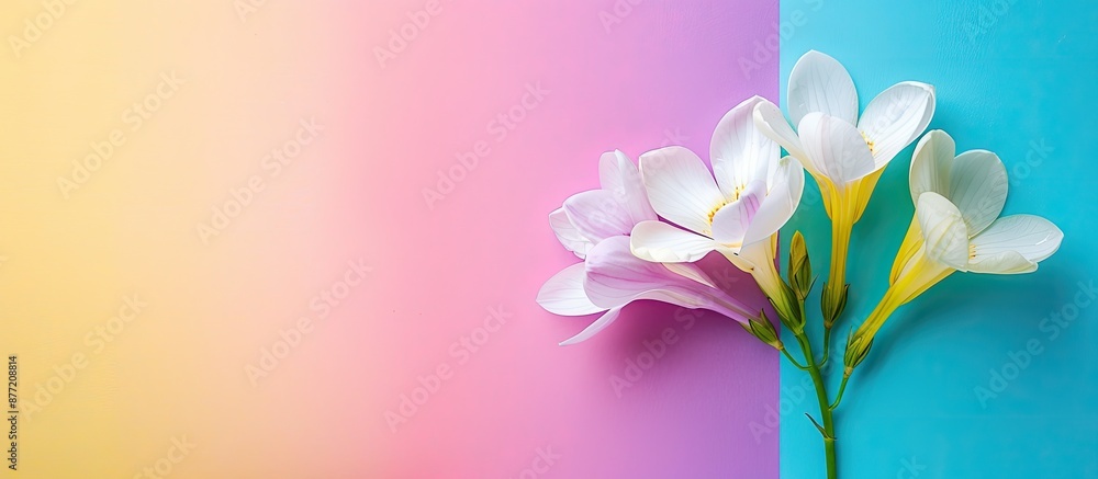 Aufkleber top view of white freesia flower with copy space image on colorful background