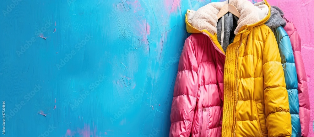 Poster winter clothing hanging on a colorful background with copy space image