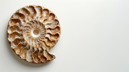 Ammonite Fossil on White Background with Space for Writing