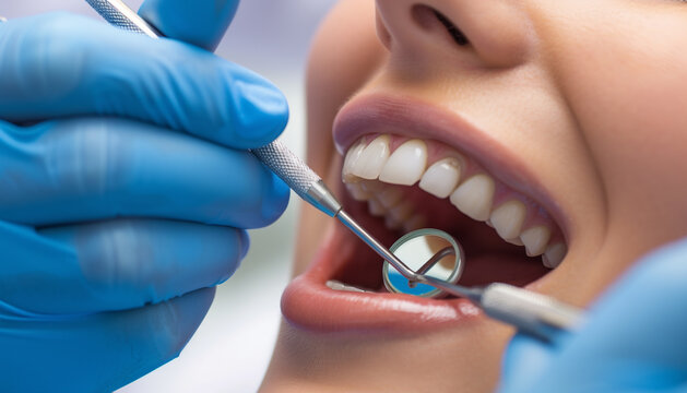 PGros plan sur la bouche et les dents d'un patient de sexe f&eacute;minin allant se faire soigner les dents chez le dentiste