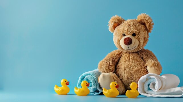 Adorable teddy bear with towel and rubber ducks kids bathing theme light blue background