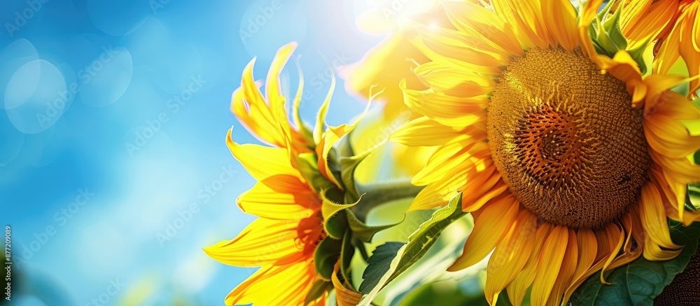 Poster detailed close up image of sunflowers in full bloom against a blue sky background with available cop