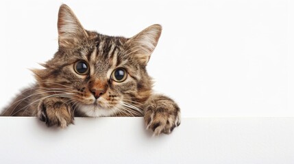 Amusing cat posing with frame on white background for customization