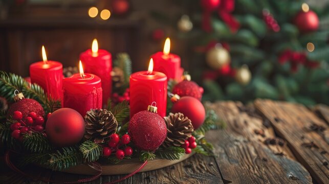 Advent wreath with red candles and Christmas decor on wooden table home decoration for fourth Sunday selective focus