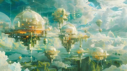 Surreal Floating Platforms and Structures in a Dreamlike Futuristic Landscape