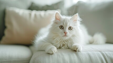 Adorable white feline on living room couch