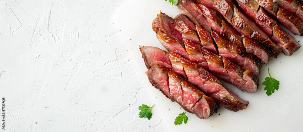 Poster sliced duck meat displayed on a white board with ample copy space image