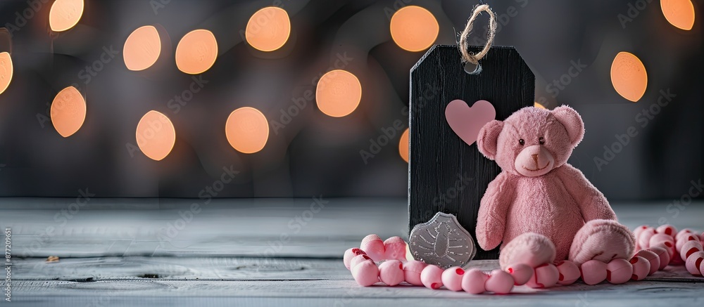Poster Rustic black wooden tag with hearts a pink teddy bear and a blurred backdrop in a simple retro frame Ideal for love themed photos featuring ample copy space image for text or messages