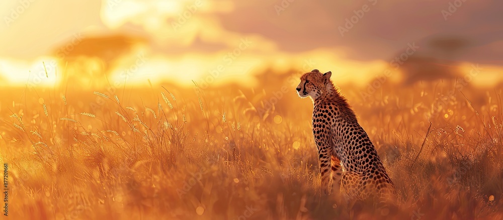 Poster a cheetah in the savannah at sunset scanning for prey in the image with copy space