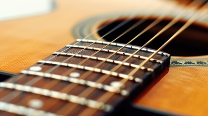 Obraz premium Acoustic guitar close up with selective focus on string tensioning on white background