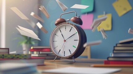 Animated clock running happily with desk items flying representing school and deadlines