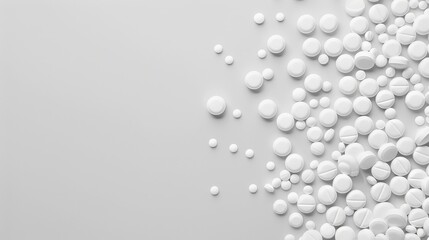 Fototapeta premium Abundance of white tablets on gray background Pharmaceutical theme with space for text