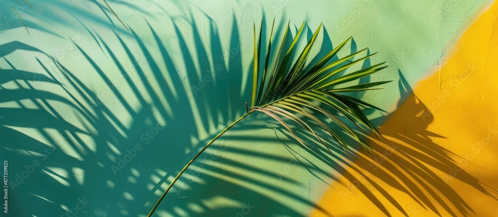 Aufkleber summer themed copy space image with palm leaf casting shadows on a yellow and green backdrop