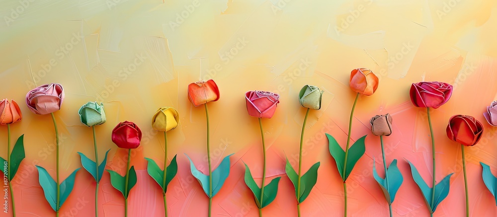 Poster Spring flowers like rose buds blooming against a colorful paper backdrop with copy space image for text