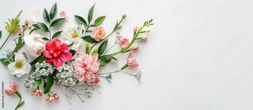 Poster A blooming bouquet of spring flowers set against a white backdrop ideal for occasions like Mother s Day Valentine s Day and birthdays This top down view features ample copy space for text within the