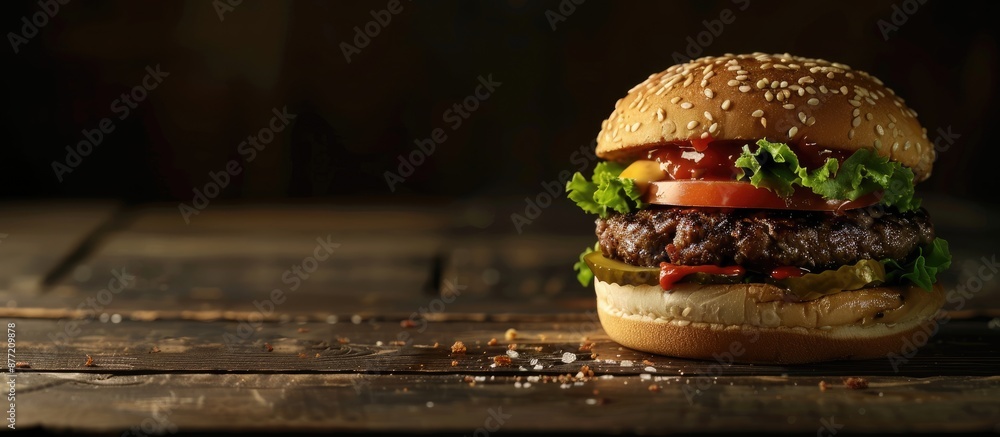 Leinwandbilder A freshly made burger is presented on a wooden surface with a dark background creating a visually appealing copy space image