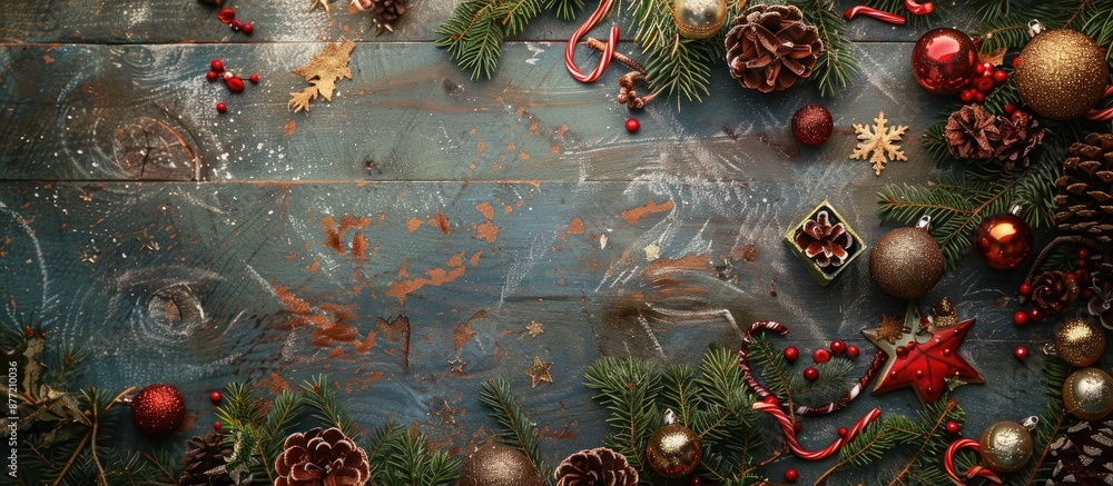 Aufkleber top view of a christmas themed still life on an aged wooden backdrop with vintage decorations like s