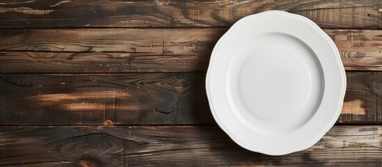 White plate on a wooden surface with copy space image