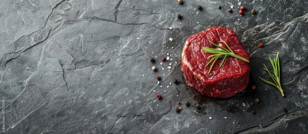 Aufkleber Beef fillet prepared for sous vide showcased on a gray stone backdrop with room for text alongside the image. with copy space image. Place for adding text or design