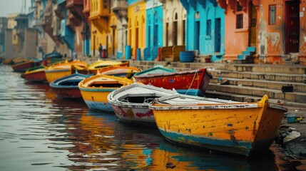 The colorful boats of Varanasi lined up along the Ganges River, capturing the spiritual and historical essence of one of India's oldest cities