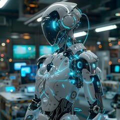 Fototapeta premium Highly Detailed Futuristic 3D Printed Robot with Sleek Chrome Exoskeleton and Glowing Blue Circuitry