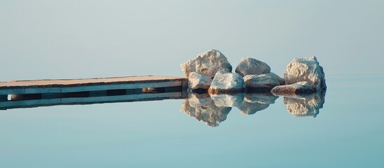 Serene image of rocks on a dock mirrored in calm bay waters with a glassy surface and copy space image