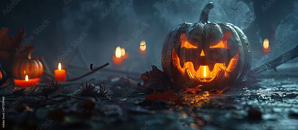 Poster a pumpkin with carved features lit by candles in darkness serves as a halloween symbol in this copy 