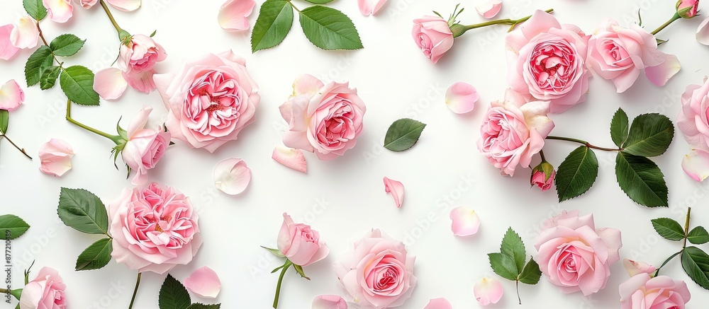 Poster top view flat lay of a festive pink english rose arrangement on a white surface for celebratory occa