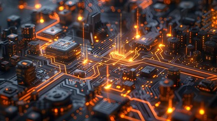 Obraz premium Intricate Cutting Edge Smart Grid Network with Intelligent Power Transmission and Glowing Circuit Boards