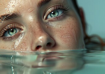 Close-up of Young Woman Partially Submerged in Water with Freckles and Clear Skin