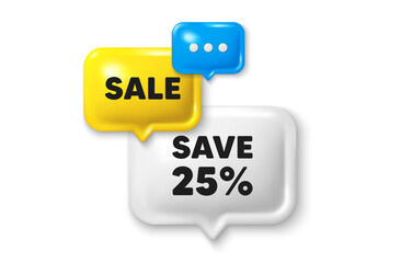 Discount speech bubble offer 3d icon. Save 25 percent off tag. Sale Discount offer price sign. Special offer symbol. Discount offer. Speech bubble sale banner. Discount balloon. Vector