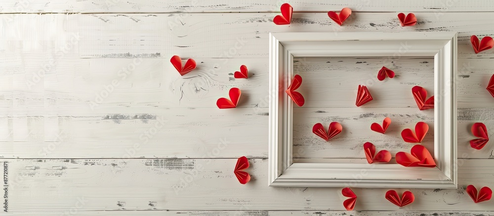 Poster Valentine s Day themed mockup featuring a white photo frame adorned with red paper hearts on a white wooden background Top view flat lay with ample copy space image available