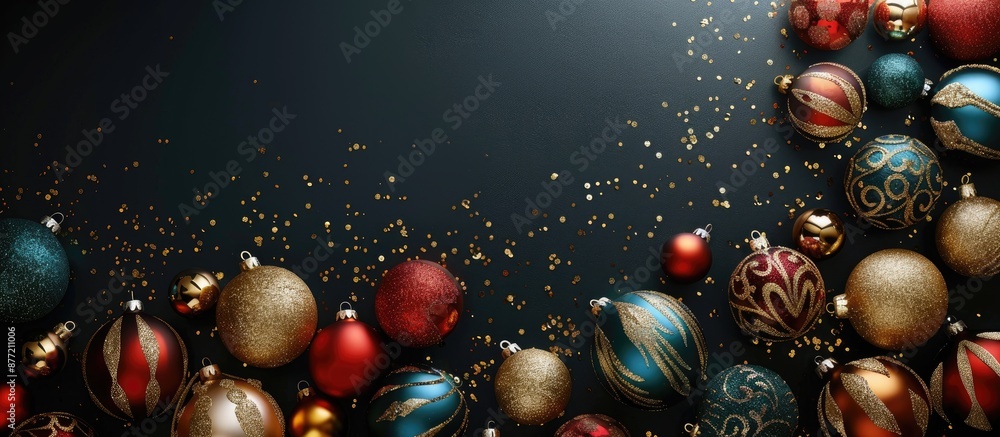Poster dark background enhances the dramatic effect of christmas ornaments arranged uniquely against negati