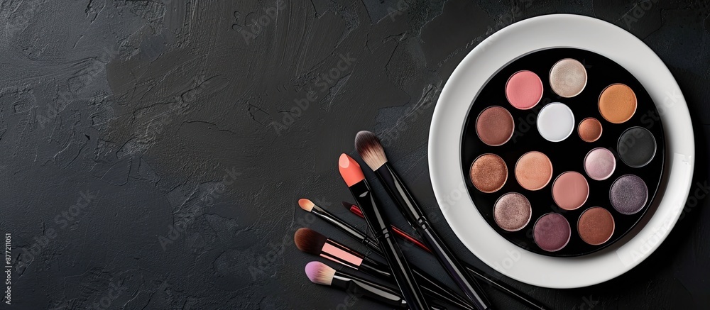 Poster makeup items arranged on a white plate against a black background with space for text includes eyesh