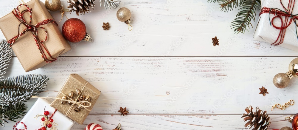 Poster Top view of modern Christmas presents adorned with ornaments and cones on a white wooden background with copy space image for a cheerful and festive holiday display