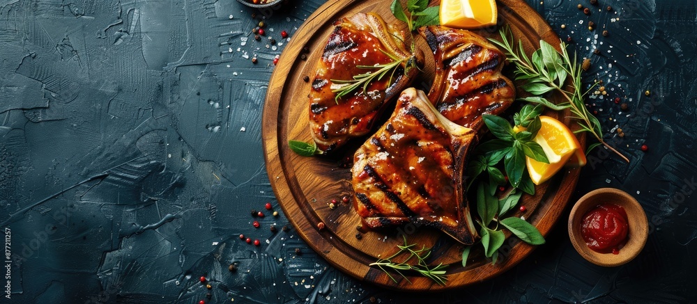 Poster a concept featuring american barbecue food with grilled pork steaks gravy spices and greens on a woo