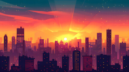 Fototapeta premium A city skyline with a large orange sun in the background