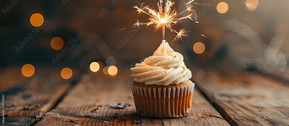 Poster Wooden background with a cupcake topped with a sparkler Ideal for adding text with copy space image