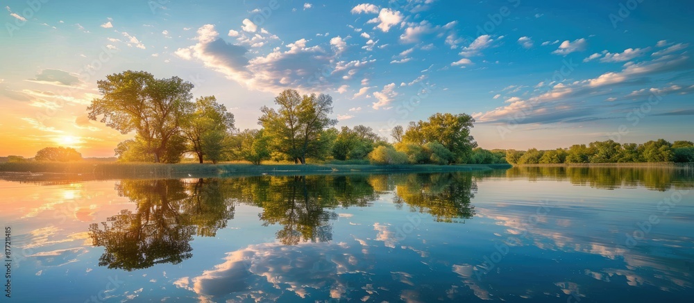 Poster a serene sunset by the lake with trees and clouds mirrored on the glassy water capturing a peaceful 