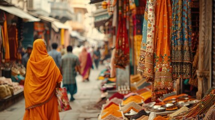 Obraz premium A vibrant Indian bazaar with merchants selling traditional clothes, jewelry, and spices, showcasing the lively atmosphere of a typical market,